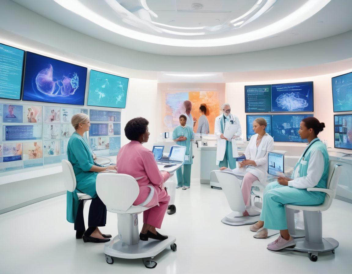A vibrant scene depicting a diverse group of patients and oncologists collaborating in a futuristic clinic, surrounded by digital displays showcasing innovative treatment options and support resources. The atmosphere is uplifting and optimistic, with soft pastel colors highlighting the human connection and compassion in healthcare. Include elements like advanced medical technology and a supportive community. super-realistic. vibrant colors. white background.