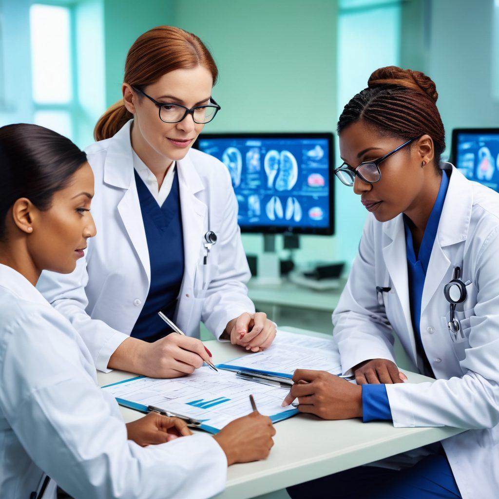 A diverse group of healthcare professionals collaborating in a bright, modern oncology clinic. Include elements like medical charts, technology, and supportive patient interactions, emphasizing teamwork and compassion. The atmosphere should exude hope and innovation in cancer treatment. super-realistic. vibrant colors. soft lighting.